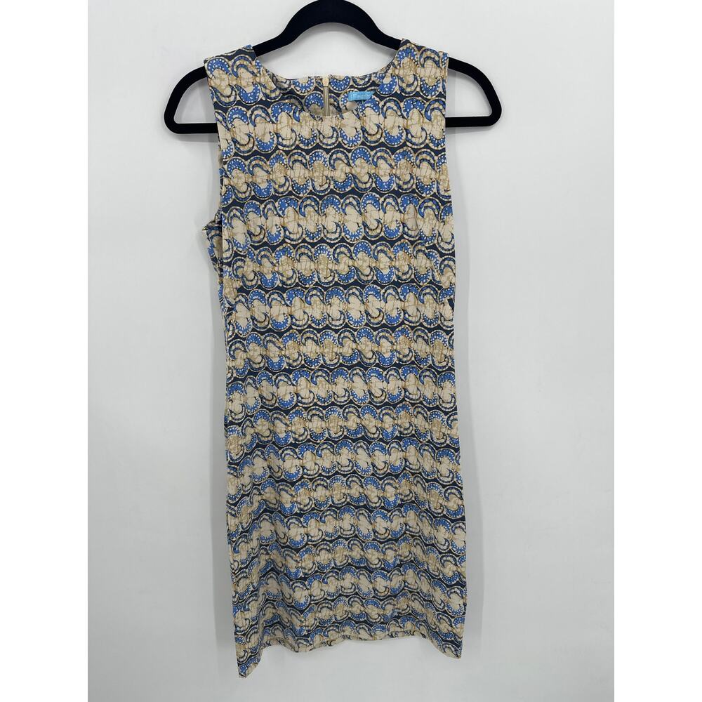 J. McLaughlin Sleeveless Resort Wear Shift dress in Blue/Tan print Size Small